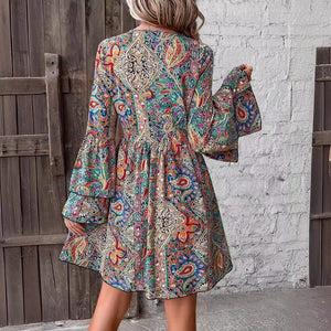 2025 spring new elegant women's floral print V - neck trumpet sleeve dress - Negative Apparel