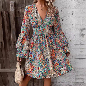 2025 spring new elegant women's floral print V - neck trumpet sleeve dress - Negative Apparel