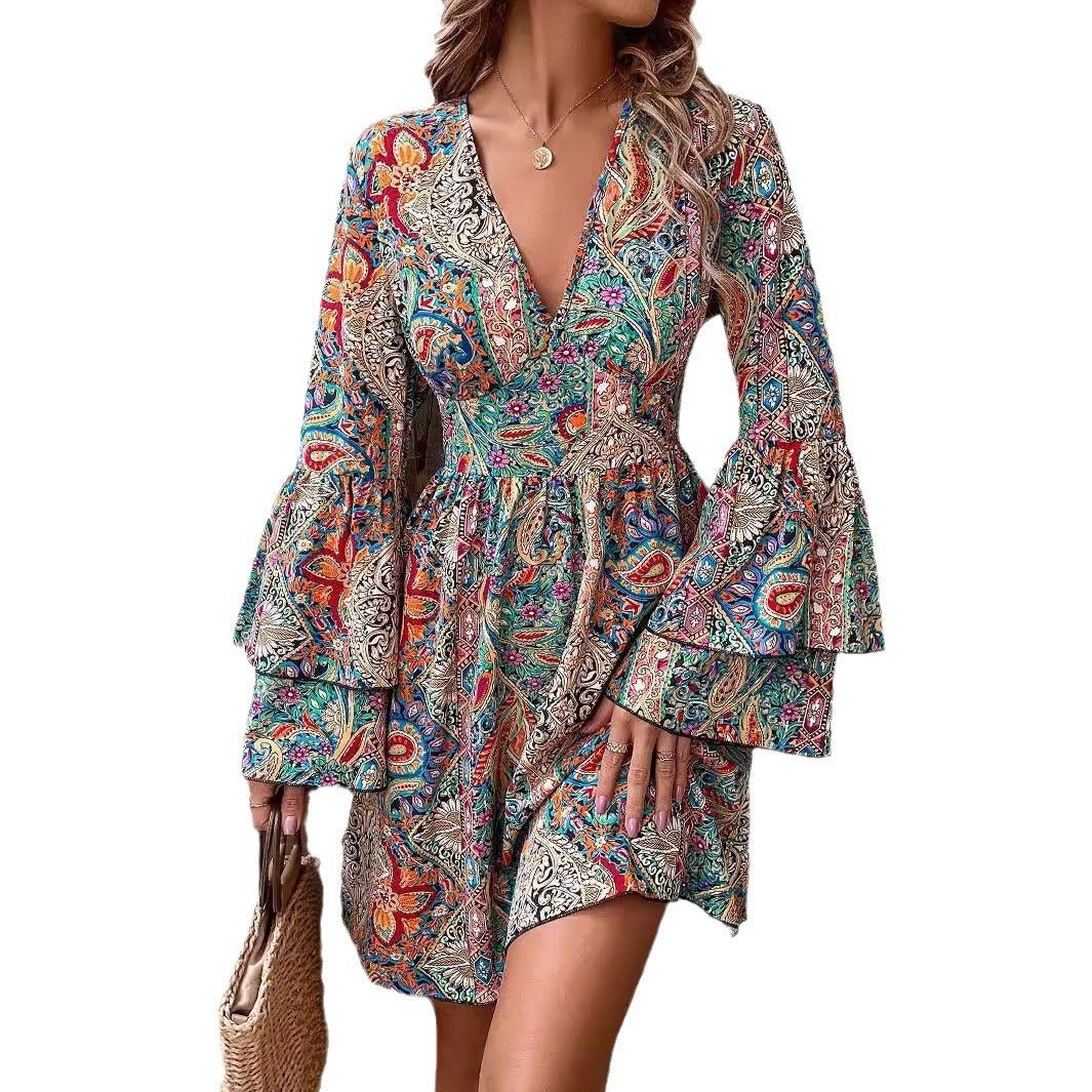2025 spring new elegant women's floral print V - neck trumpet sleeve dress - Negative Apparel