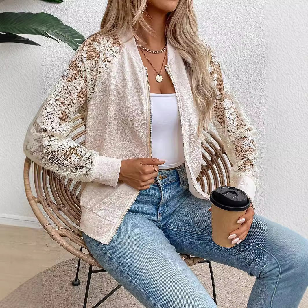 2025 spring new elegant women's lace stitching long - sleeved baseball collar jacket top coat - Negative Apparel