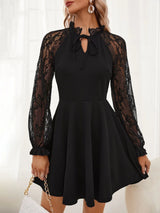 2025 spring new elegant women's solid color French contrasting color lace lace - up long - sleeved dress - Negative Apparel
