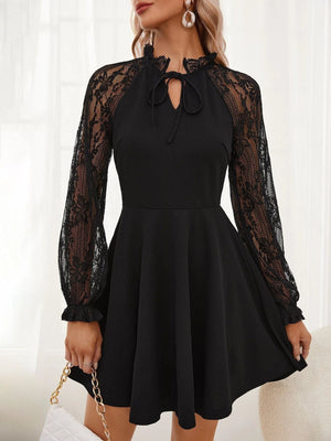 2025 spring new elegant women's solid color French contrasting color lace lace - up long - sleeved dress - Negative Apparel