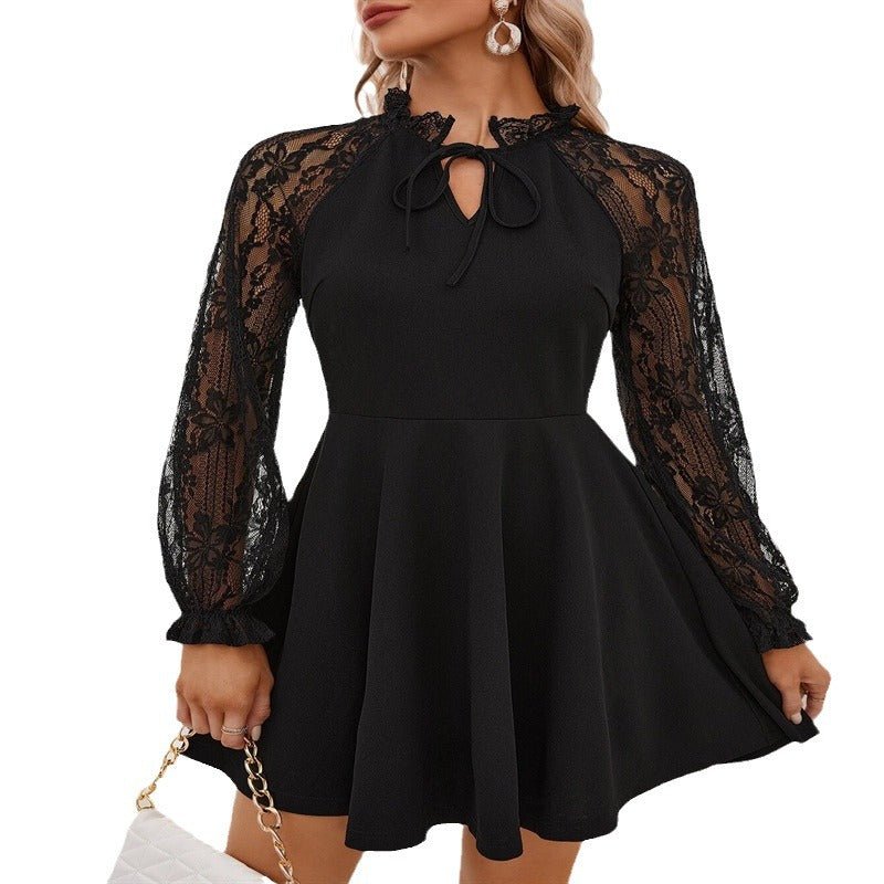 2025 spring new elegant women's solid color French contrasting color lace lace - up long - sleeved dress - Negative Apparel