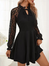2025 spring new elegant women's solid color French contrasting color lace lace - up long - sleeved dress - Negative Apparel