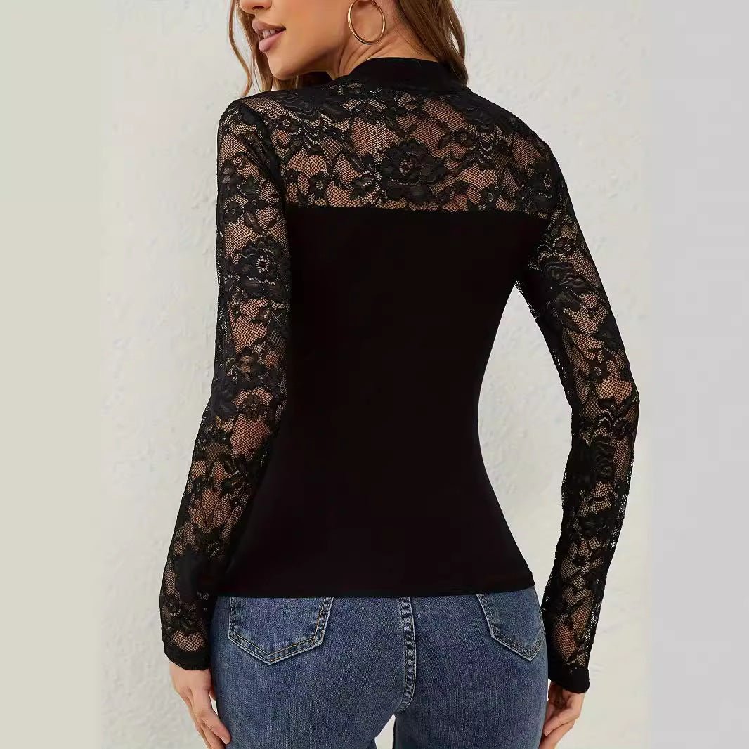 2025 spring new fashion lace splicing long - sleeved small stand - up collar pullover bottom T-shirt top women - Negative Apparel