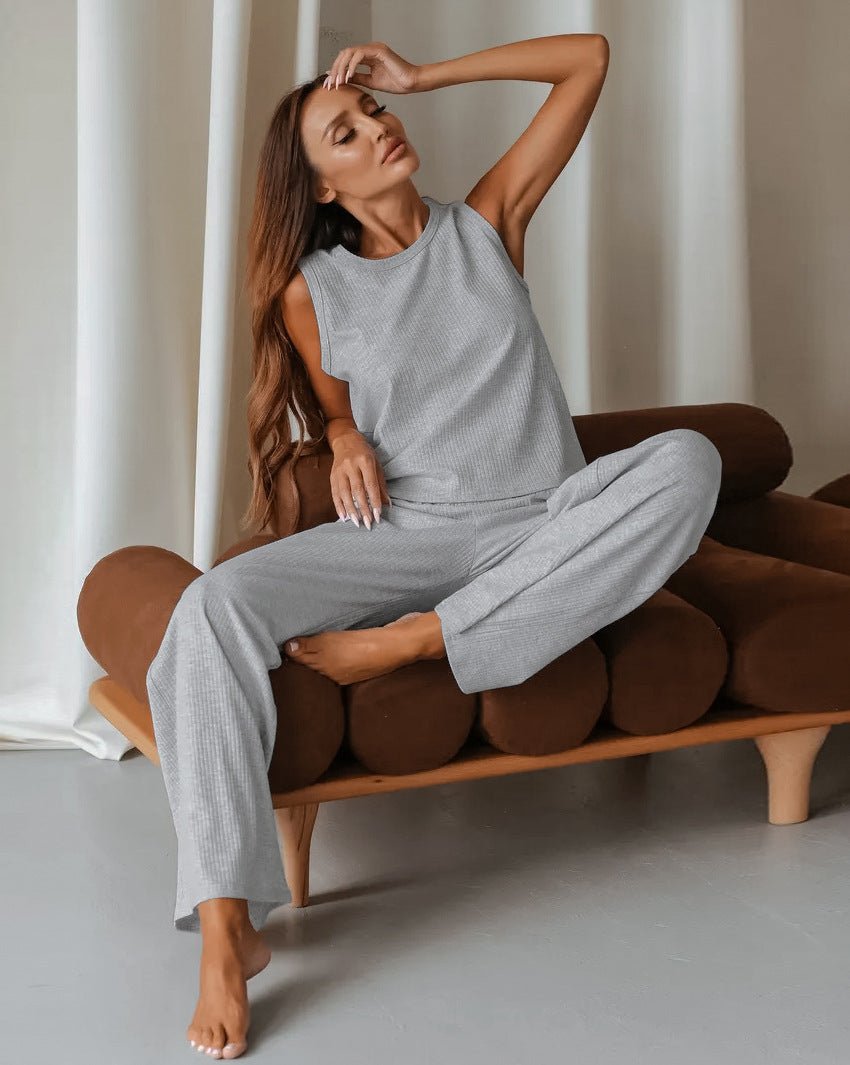 2025 spring new knitted striped pajamas set soft and comfortable sleeveless trousers - Negative Apparel