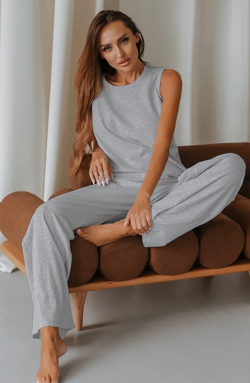 2025 spring new knitted striped pajamas set soft and comfortable sleeveless trousers - Negative Apparel