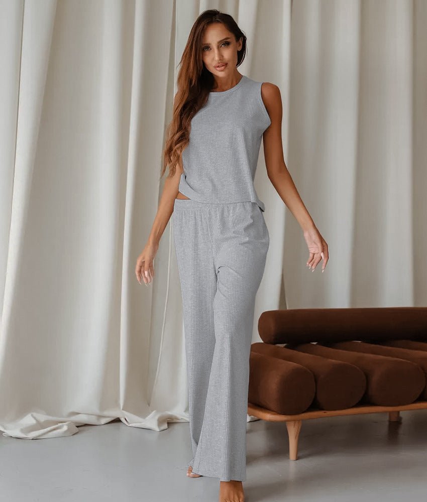 2025 spring new knitted striped pajamas set soft and comfortable sleeveless trousers - Negative Apparel