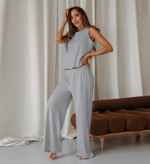 2025 spring new knitted striped pajamas set soft and comfortable sleeveless trousers - Negative Apparel