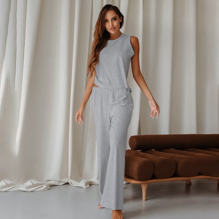 2025 spring new knitted striped pajamas set soft and comfortable sleeveless trousers - Negative Apparel