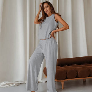 2025 spring new knitted striped pajamas set soft and comfortable sleeveless trousers - Negative Apparel