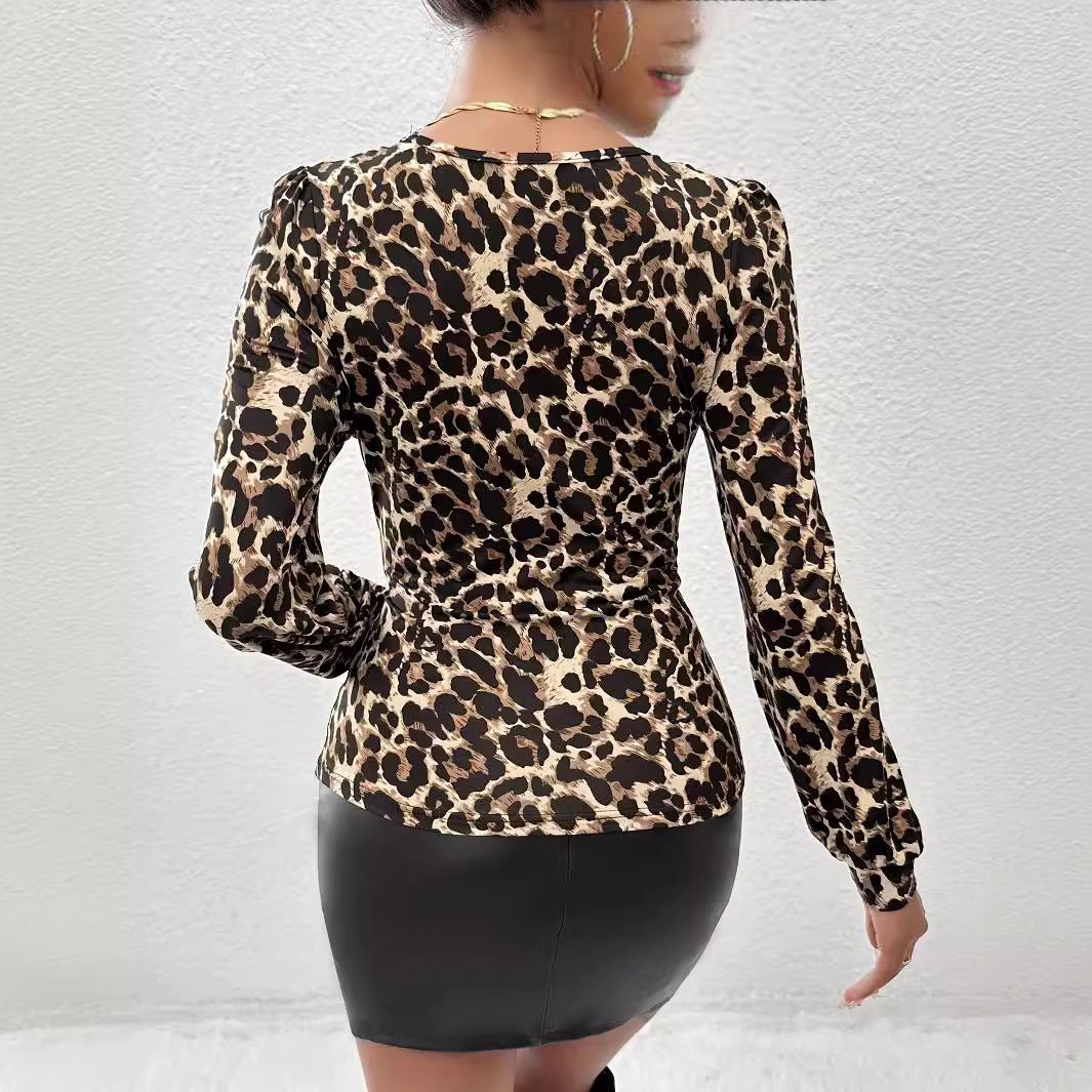 2025 spring new leopard print lace splicing collar pleated T-shirt top women - Negative Apparel