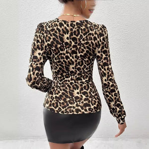 2025 spring new leopard print lace splicing collar pleated T-shirt top women - Negative Apparel