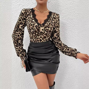 2025 spring new leopard print lace splicing collar pleated T-shirt top women - Negative Apparel