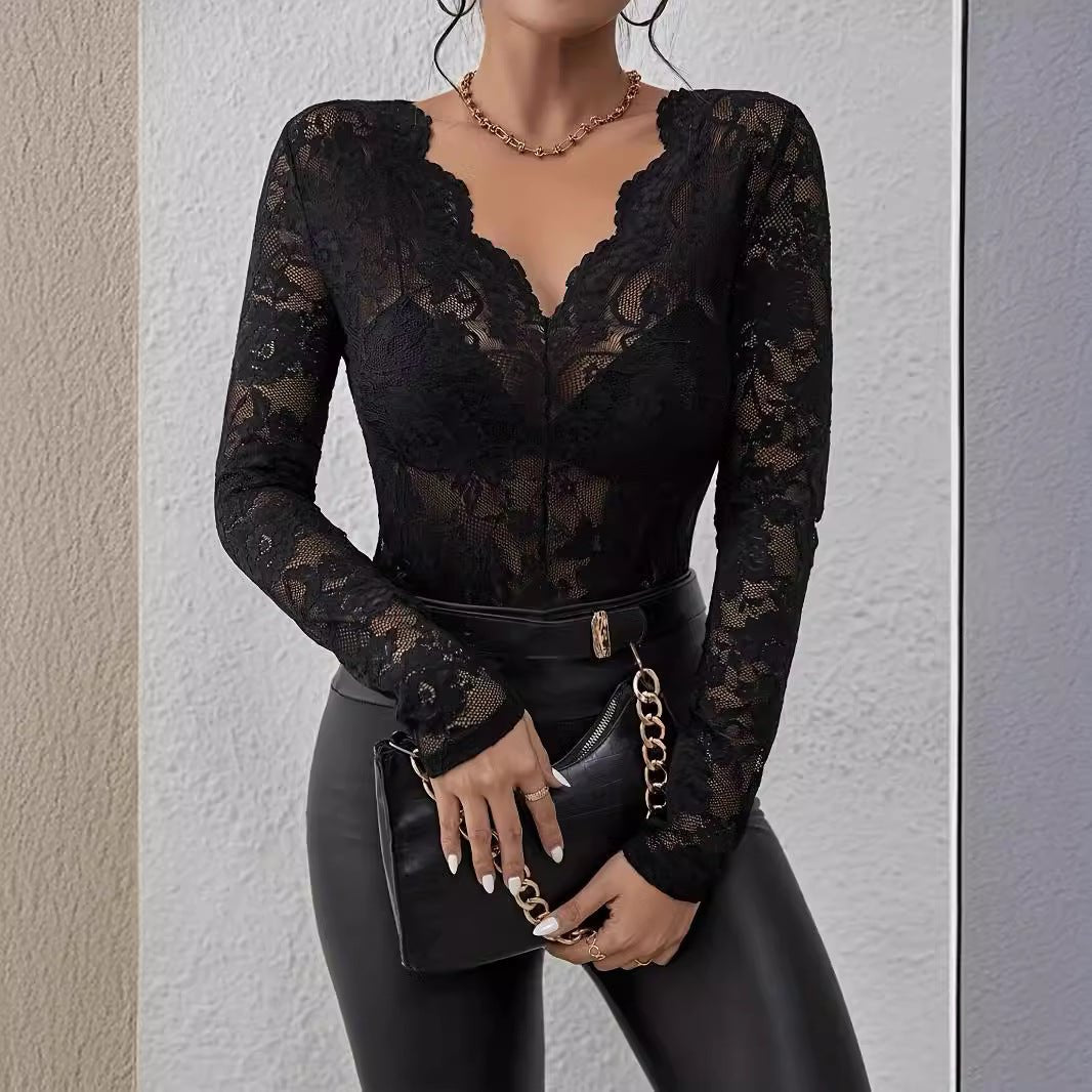 2025 spring new sexy single - layer floral lace fan - shaped decorative bottoming blouse tops for women - Negative Apparel
