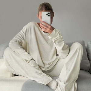 2025 Spring Pajamas Jacquard Long Sleeve Pants Two - piece Set - Negative Apparel