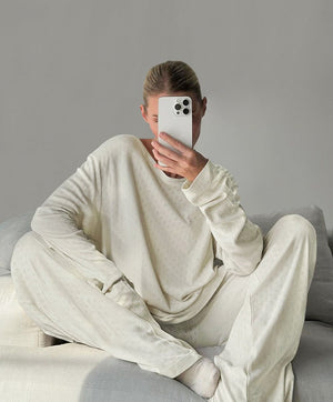 2025 Spring Pajamas Jacquard Long Sleeve Pants Two - piece Set - Negative Apparel