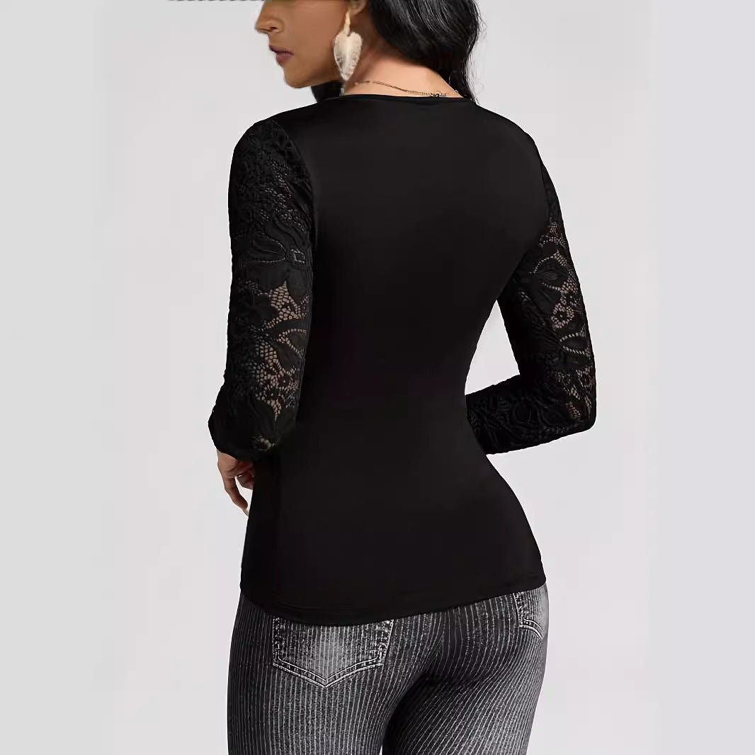 2025 spring solid color cross - stitching lace sleeves new long - sleeved T-shirt slim - fitting and thin top women - Negative Apparel