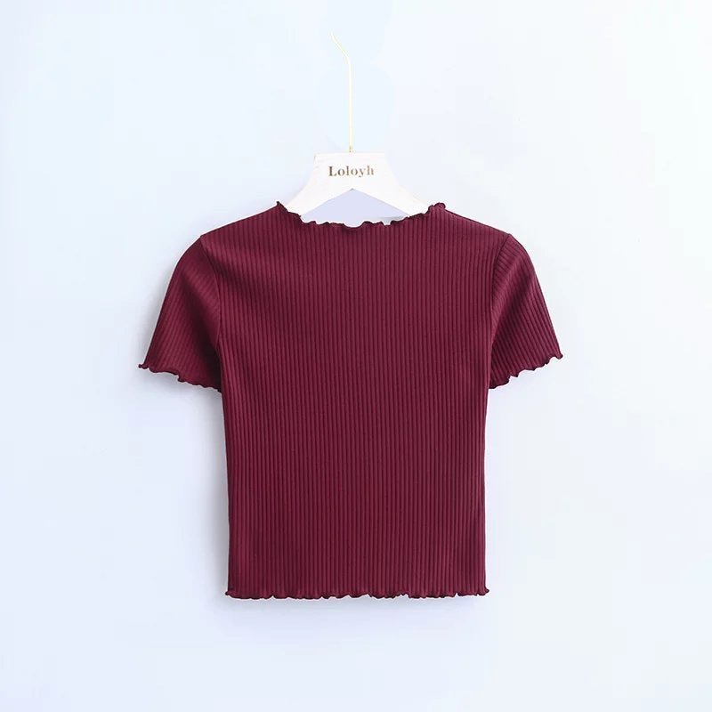 2025 Summer American Style Fashion Retro Ruffle Edge Slim Short Sleeve T-shirt - Negative Apparel