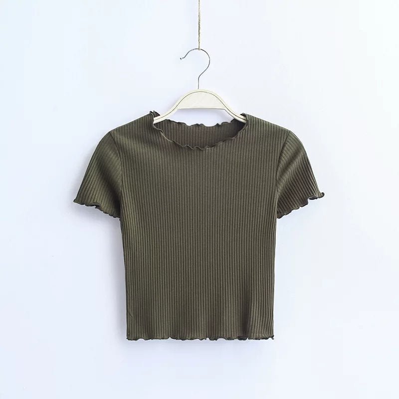 2025 Summer American Style Fashion Retro Ruffle Edge Slim Short Sleeve T-shirt - Negative Apparel