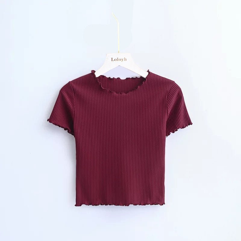 2025 Summer American Style Fashion Retro Ruffle Edge Slim Short Sleeve T-shirt - Negative Apparel