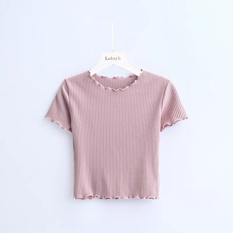 2025 Summer American Style Fashion Retro Ruffle Edge Slim Short Sleeve T-shirt - Negative Apparel
