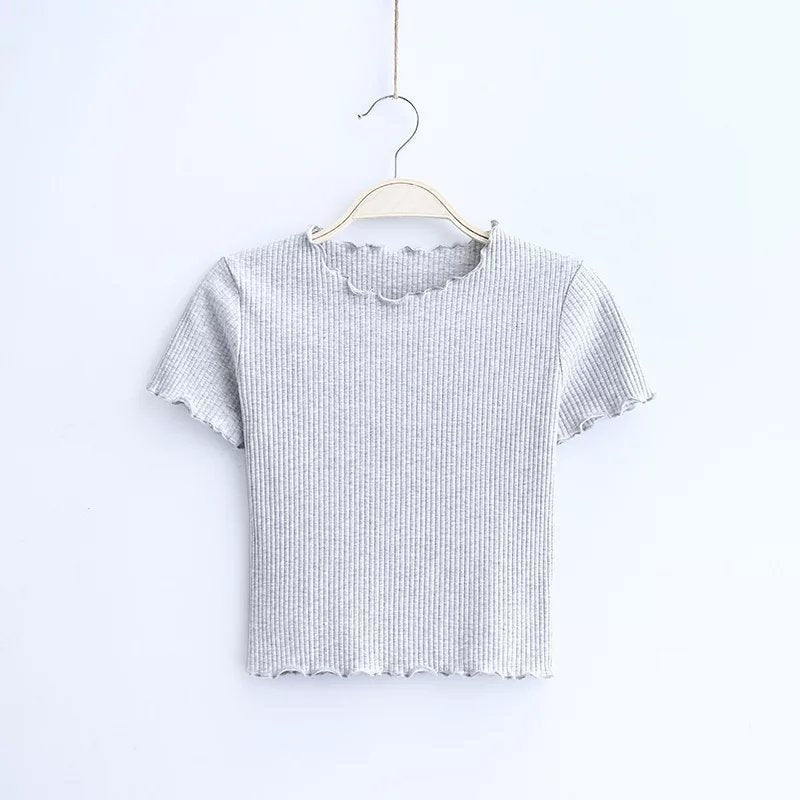 2025 Summer American Style Fashion Retro Ruffle Edge Slim Short Sleeve T-shirt - Negative Apparel
