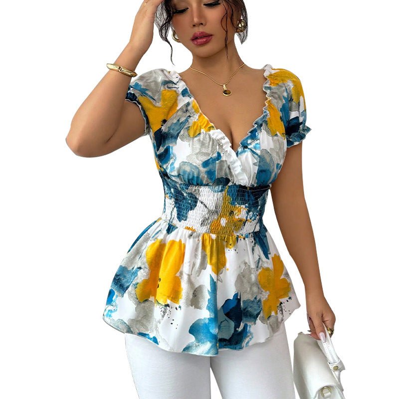 2025 Summer an and n Holiday Style Deep V Neck Shirt Tie - Dye Slim Pullover Top for Women - Negative Apparel