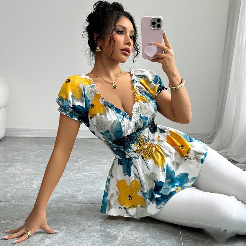 2025 Summer an and n Holiday Style Deep V Neck Shirt Tie - Dye Slim Pullover Top for Women - Negative Apparel