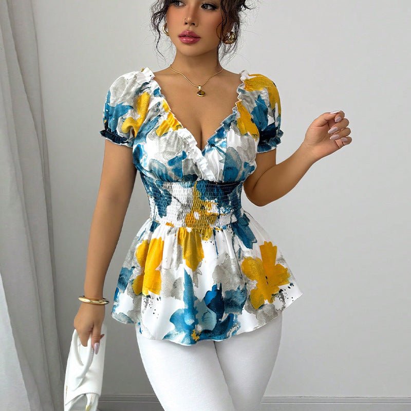 2025 Summer an and n Holiday Style Deep V Neck Shirt Tie - Dye Slim Pullover Top for Women - Negative Apparel