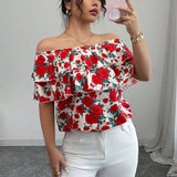 2025 summer an and n holiday style one - shoulder short - sleeved shirt double - layer ruffled women's clothing - Negative Apparel