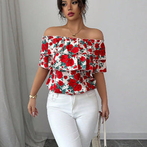 2025 summer an and n holiday style one - shoulder short - sleeved shirt double - layer ruffled women's clothing - Negative Apparel