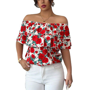 2025 summer an and n holiday style one - shoulder short - sleeved shirt double - layer ruffled women's clothing - Negative Apparel