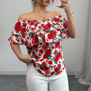 2025 summer an and n holiday style one - shoulder short - sleeved shirt double - layer ruffled women's clothing - Negative Apparel