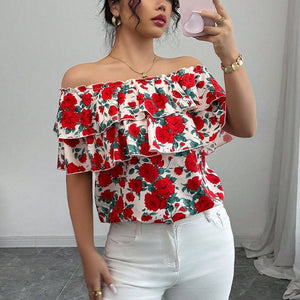 2025 summer an and n holiday style one - shoulder short - sleeved shirt double - layer ruffled women's clothing - Negative Apparel