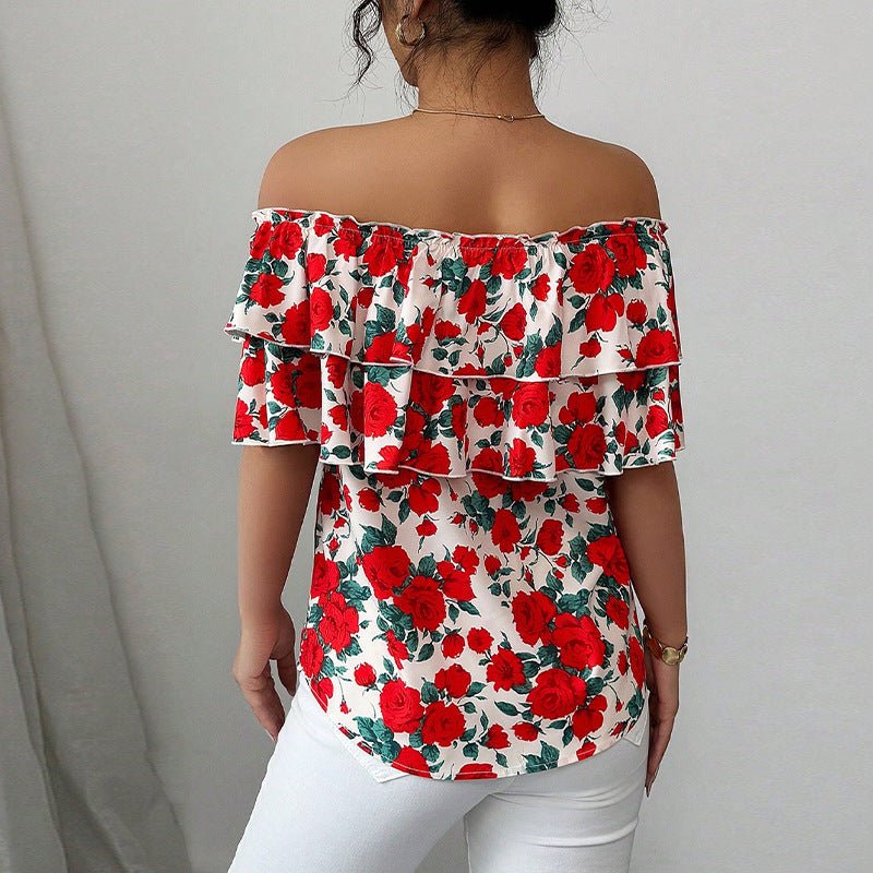 2025 summer an and n holiday style one - shoulder short - sleeved shirt double - layer ruffled women's clothing - Negative Apparel