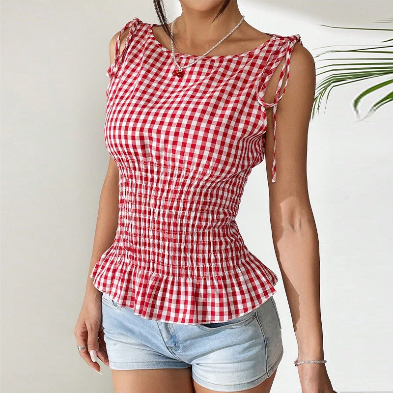 2025 Summer an and n Temperament Plaid Suspender Top Sleeveless Tie - Drawstring Small Vest Women's Clothing - Negative Apparel