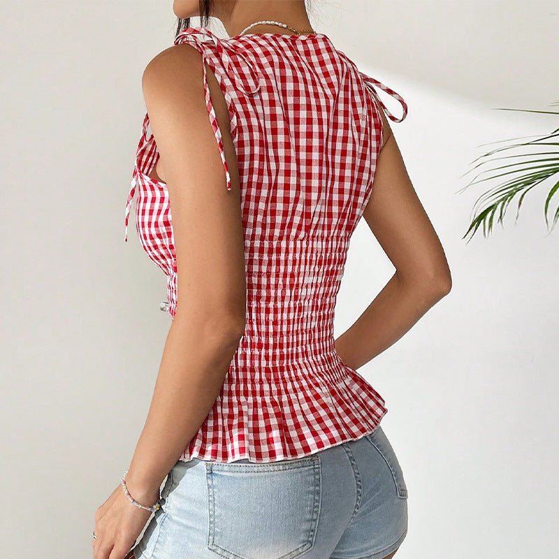 2025 Summer an and n Temperament Plaid Suspender Top Sleeveless Tie - Drawstring Small Vest Women's Clothing - Negative Apparel