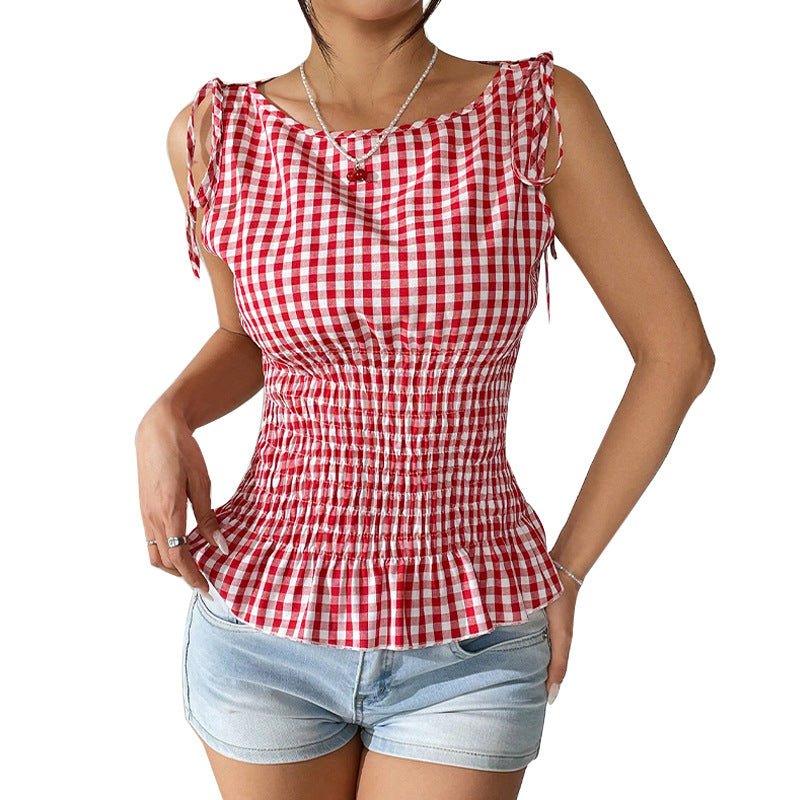 2025 Summer an and n Temperament Plaid Suspender Top Sleeveless Tie - Drawstring Small Vest Women's Clothing - Negative Apparel