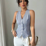 2025 summer an and n temperament striped small vest sleeveless cardigan top YDX1106 - Negative Apparel