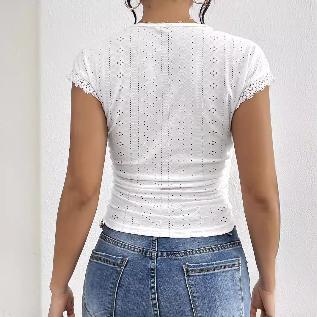 2025 summer clothing elegant lace splicing V - neck short - sleeved solid color T-shirt slim top new women - Negative Apparel