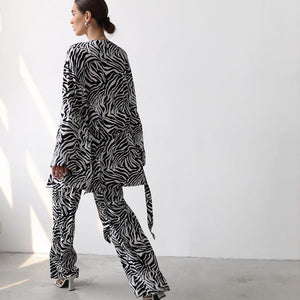 2025 Summer Cool Zebra Print Lace - up Long Sleeve Pants Two - piece Elastic Casual Loungewear - Negative Apparel