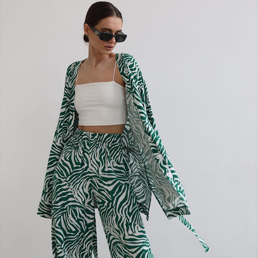 2025 Summer Cool Zebra Print Lace - up Long Sleeve Pants Two - piece Elastic Casual Loungewear - Negative Apparel