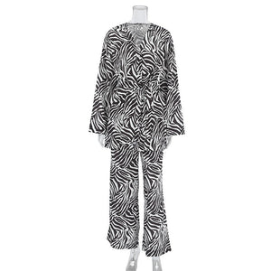 2025 Summer Cool Zebra Print Lace - up Long Sleeve Pants Two - piece Elastic Casual Loungewear - Negative Apparel