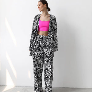 2025 Summer Cool Zebra Print Lace - up Long Sleeve Pants Two - piece Elastic Casual Loungewear - Negative Apparel