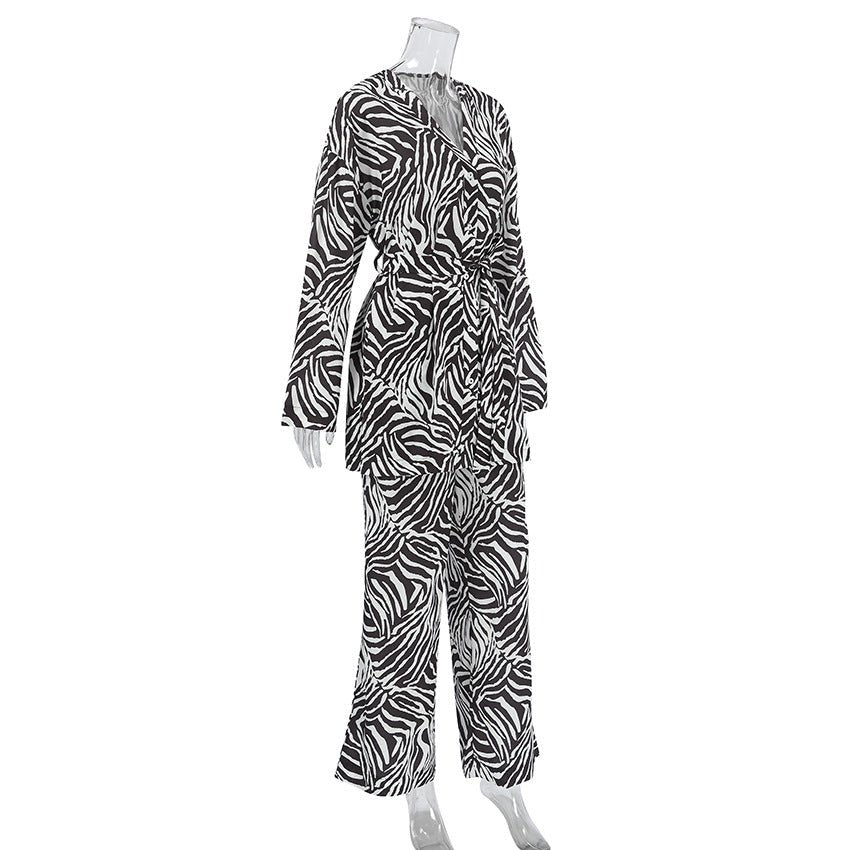 2025 Summer Cool Zebra Print Lace - up Long Sleeve Pants Two - piece Elastic Casual Loungewear - Negative Apparel