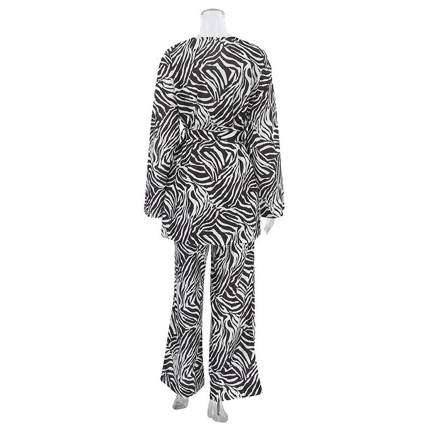 2025 Summer Cool Zebra Print Lace - up Long Sleeve Pants Two - piece Elastic Casual Loungewear - Negative Apparel