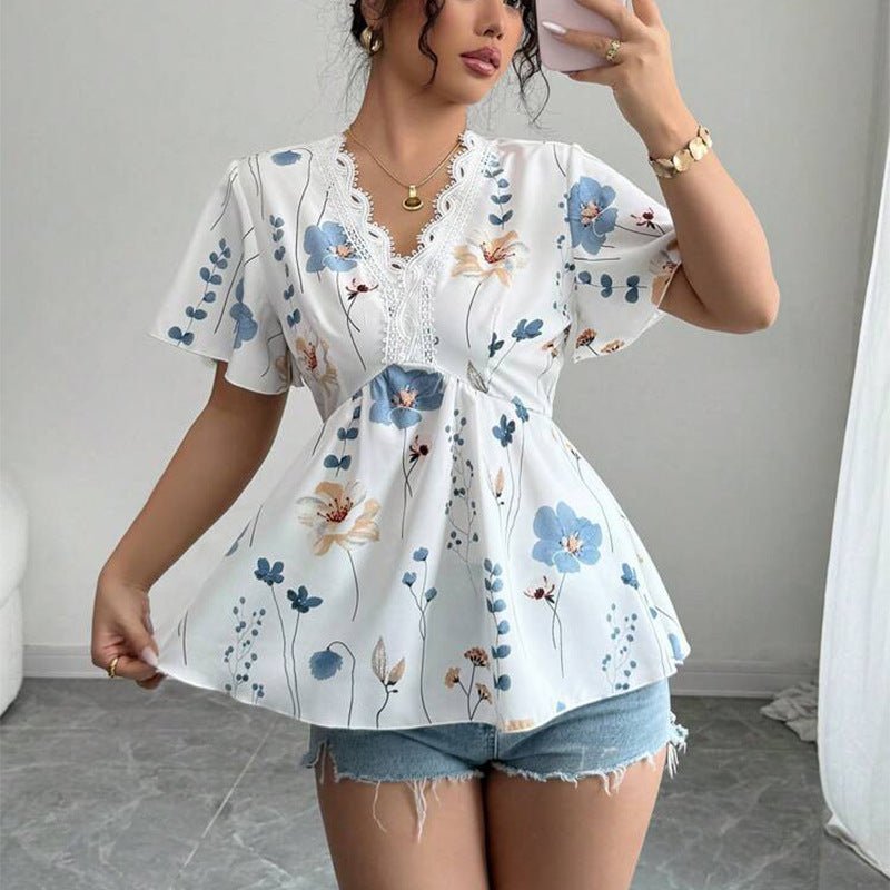 2025 summer holiday style an and n short - sleeved tops lace v - neck shirt small floral pullover for women - Negative Apparel