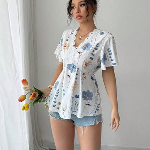 2025 summer holiday style an and n short - sleeved tops lace v - neck shirt small floral pullover for women - Negative Apparel
