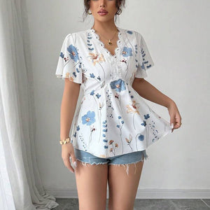 2025 summer holiday style an and n short - sleeved tops lace v - neck shirt small floral pullover for women - Negative Apparel